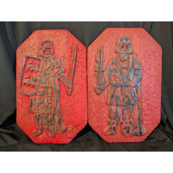 Two (2) Viking Art Wall Hangings Black on Red Carved Wood Handmade 11.75"x7.5" - Picture 1 of 7